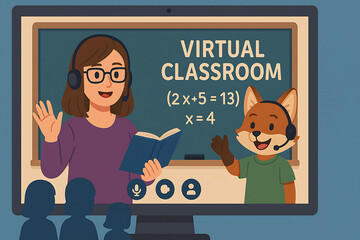 Virtual classroom online education teacher with student learning math illustration, remote teaching digital learning concept, e learning school distance education children study internet knowledge cla
