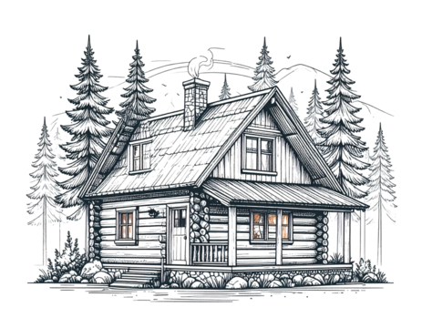 log cabin draft line art vector illustration  
