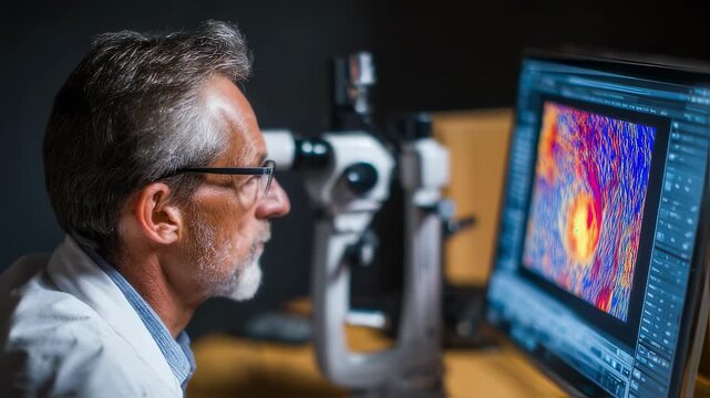 Focused retinal image reveals subtle glucose markers while an outoffocus doctor reviews patient data underscoring eye exams as a tool for managing systemic health.