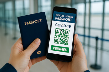Digital health passport covid travel, smartphone screen showing vaccination QR code verified, international border control airport security, medical certificate check, safe tourism authorization, covi
