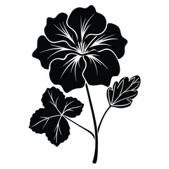Elegant Black Silhouette Illustration of a Hibiscus Flower with Leaves and Stem