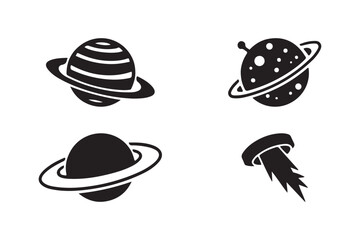 Four stylized celestial bodies in black and white
