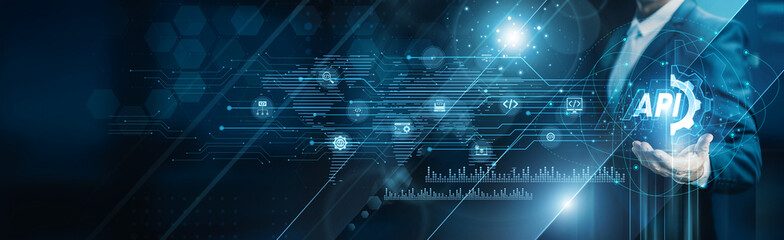 Businessman holding building of API integration, endpoints connectivity request handling automation...