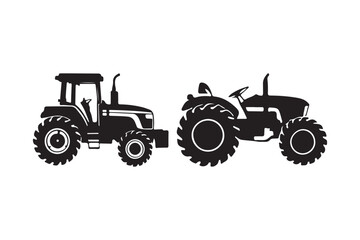 Two black silhouette farm tractors side by side on white background