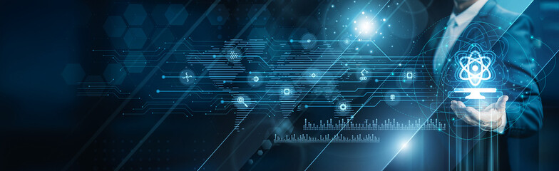 Businessman holding building of computer science solutions, programming algorithms, data structures AI systems software development coding automation logic design innovation.