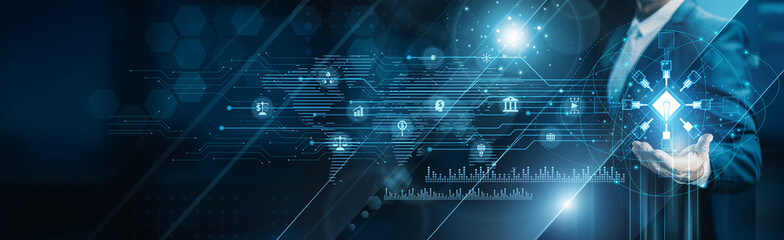 Businessman holding building of decentralized finance platforms, blockchain smart contracts crypto wallets peer-to-peer transactions transparency automation financial innovation.