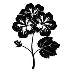 Black Silhouette of Blooming Geranium Flower, Bud, and Leaf Botanical Vector Illustration