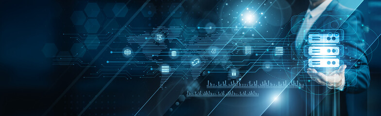 Businessman holding building of hosting services, servers bandwidth uptime cloud infrastructure...