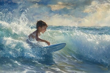 Young surfer riding a gentle wave on a sunny day