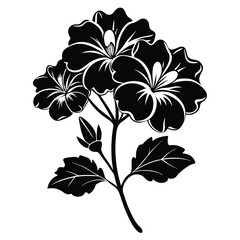 Black Silhouette of Geranium Flowers with Bud and Stem, Floral Illustration