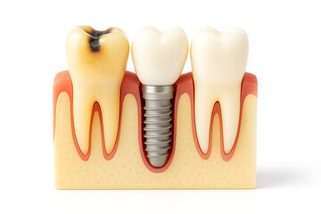 Dental implant procedure illustration. Tooth replacement with titanium screw. Artificial tooth root inside jawbone. Modern dentistry restoration concept. Medical oral healthcare treatment diagram.