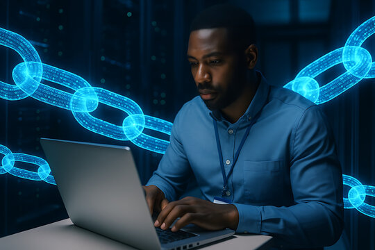 Blockchain technology professional working laptop server room digital finance cryptocurrency security decentralized network fintech innovation distributed ledger data mining artificial intelligence cy - Powered by Adobe