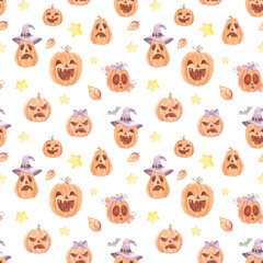 Watercolor Halloween seamless pattern, Orange checkered Pumpkin pattern, Cute Ghost scrapbook paper, Digital Paper, Spooky Backgrounds.Autumn holiday, October 31. Orange, purple. Festive bows.
