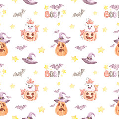 Watercolor Halloween seamless pattern, Orange checkered Pumpkin pattern, Cute Ghost scrapbook paper, Digital Paper, Spooky Backgrounds.Autumn holiday, October 31. Orange, purple. Festive bows.