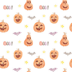 Watercolor Halloween seamless pattern, Orange checkered Pumpkin pattern, Cute Ghost scrapbook paper, Digital Paper, Spooky Backgrounds.Autumn holiday, October 31. Orange, purple. Festive bows.