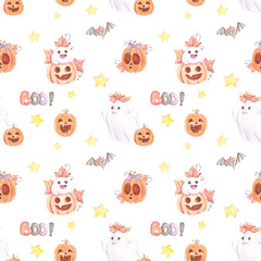 Watercolor Halloween seamless pattern, Orange checkered Pumpkin pattern, Cute Ghost scrapbook paper, Digital Paper, Spooky Backgrounds.Autumn holiday, October 31. Orange, purple. Festive bows.