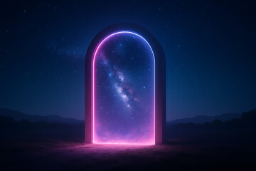 Futuristic neon portal galaxy, glowing doorway to stars, surreal sci fi concept, night cosmic landscape, digital fantasy universe, mystical stargate space travel, magical dimension entry visual backgr