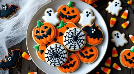 Plate of assorted Halloween cookies decorated as pumpkins, ghosts, spider webs, and bats, surrounded by candy corn on dark wooden table, festive autumn holiday treats