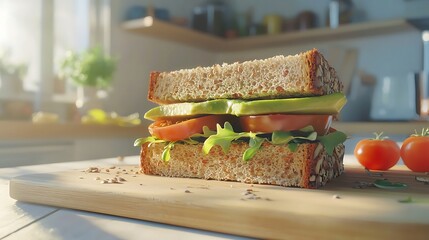 A whole grain sandwich on multigrain bread with avocado, tomato slices, and leafy greens, placed on a light wooden board