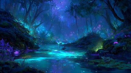 dense enchanted forest at night, glowing bioluminescent river flowing through, luminous fish and plants illuminating the scene, magical realism, ultra detailed, ethereal atmosphere 