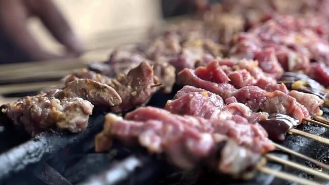 Close-up video of chicken and beef satay skewers grilling over hot charcoal, smoky street food scene with juicy meat sizzling, perfect for food, BBQ, and culinary content.