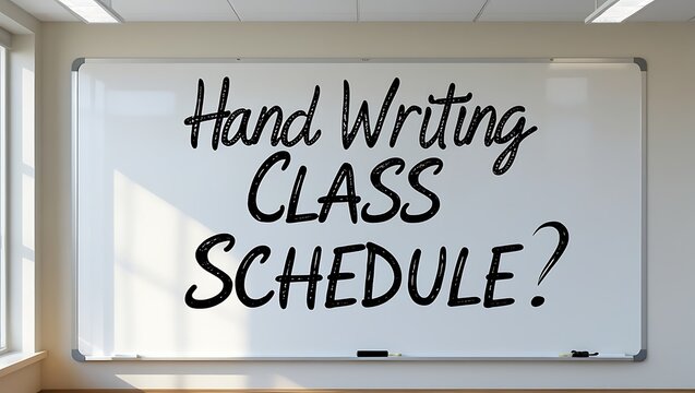 Whiteboard displaying handwriting class schedule with a question mark
