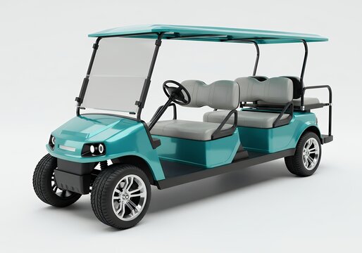 Teal Turquoise 4 Seater Electric Golf Cart with Grey Leather Seats and Canopy, Modern Low Speed Utility Vehicle for Luxury Resorts and Gated Communities Isolated on White