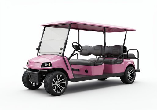 Pink Electric Golf Cart with Dark Grey Contoured Seats and Front Bumper Guard, Durable 6-Passenger Utility Shuttle for Resorts and Gated Communities, Isolated on White