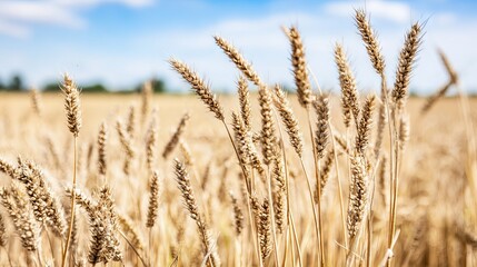 Fototapeta premium Golden wheat field with tall stalks swaying gently in the breeze under a bright blue sky, showcasing the beauty of agricultural landscapes and nature's bounty