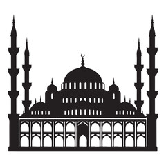 Fototapeta premium Black silhouette of a mosque with domes and minarets on white background Islamic architecture black and white 1
