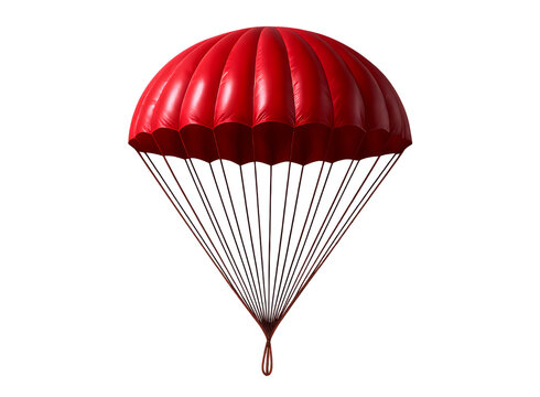 A vibrant red parachute deployed and open suspended in the air with its lines clearly visible isolated on transparent background