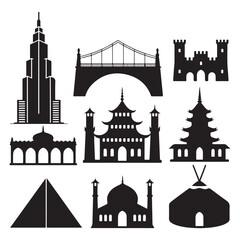Collection of black silhouette architectural landmarks and structures on white background architecture