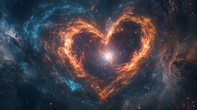 A cosmic heart with galaxies swirling inside it, vast and mysterious 