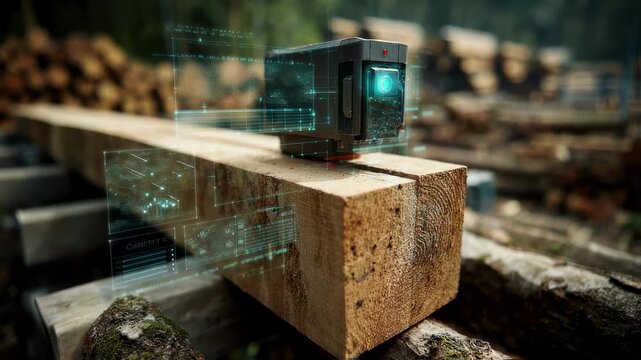 Medium shot of a digital traceability scanner capturing data from a certified wooden plank label with outoffocus forestry elements and supply chain visuals in the background.