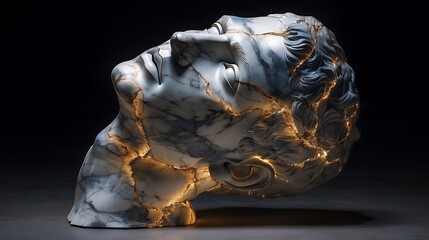 luxury marble sculpture portrait, fractured surface with glowing metallic veins, deep cinematic shadows, hyper detailed stone grain 