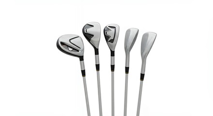 Collection of Modern Silver Golf Hybrids and Irons for Precision Play Isolated on White Background for Sports Training Materials and Retail Merchandise