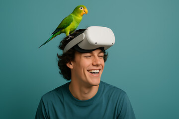 Man wearing VR headset laughing joyful expression green parrot perched on top playful lifestyle fun technology entertainment concept pet bird virtual reality gaming modern teal background happy mood p