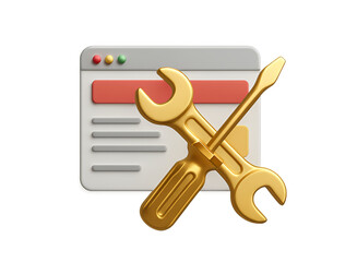 Golden wrench and screwdriver tools crossed in front of a stylized computer window representing website development repair and technical support isolated on transparent background