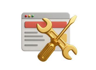 Golden wrench and screwdriver tools crossed in front of a stylized computer window representing website development repair and technical support isolated on transparent background