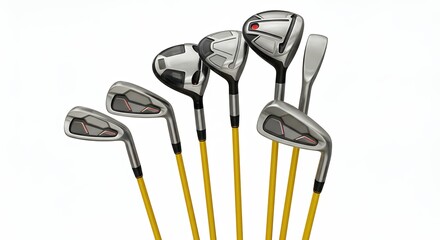 Assorted 3D Golf Club Collection Including Irons and Fairway Woods with Yellow Shafts Isolated Over White for Sports Catalog and Web Design