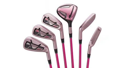 Rose Gold and Pink Metallic Golf Clubs Including Putter and Irons for Stylish Professional Female Golfers Isolated on White Background
