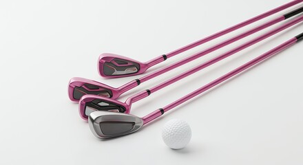 Pink Golf Irons and White Ball in Perspective View on Clean White Background for Minimalist Sports Lifestyle and Retail Layouts