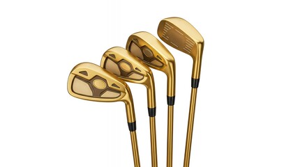 Set of Four Gold Golf Irons and Hybrid Club for Professional Training and Luxury Brand Advertising Isolated on White