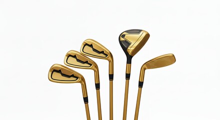 Professional Gold Golf Club Set with Large Wood and Irons Arranged in Fan Shape for Luxury Sporting Goods Catalog Isolated on White