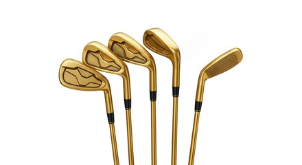 Luxury Gold Golf Iron Set and Single Iron Facing Forward for High-End Sports Retail and Exclusive Membership Branding Isolated on White