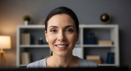 Elegant woman in a virtual world: A professional and cheerful woman engaging in a virtual meeting or video conference in a modern interior office with simple setting of a relaxed virtual meeting.