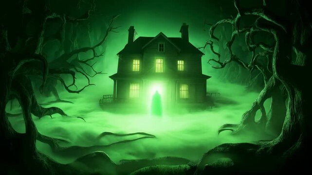 Ghostly silhouette materializes in front of old wooden house, surrounded by twisted trees and dense green mist. Supernatural atmosphere with eerie green illumination creating supernatural scene