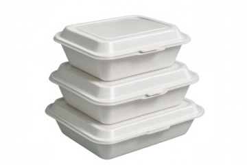 Three closed styrofoam takeaway boxes are stacked on a transparent background, ready for delivery or transport