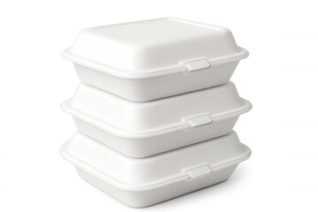 Three closed white styrofoam takeaway food containers are stacked on a transparent background, ready for delivery or transport