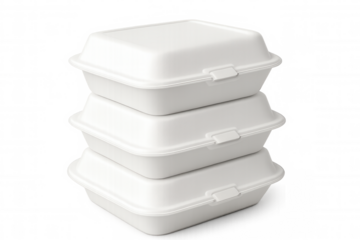 Three closed white styrofoam takeaway food containers are stacked on a transparent background, ready for delivery or transport